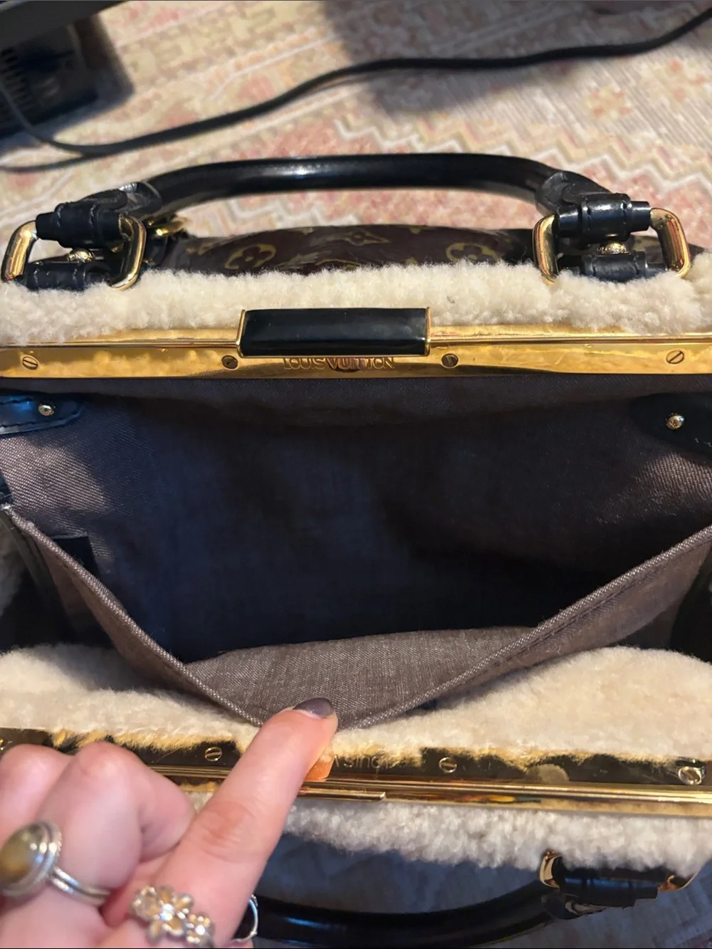 Louis Vuitton Brown Monogram Patent and Cream Shearling Trim Satchel - Picture 14 of 16
